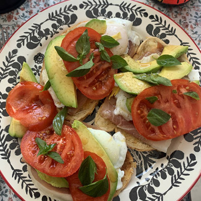Avocado, tomato and eggs on toast.